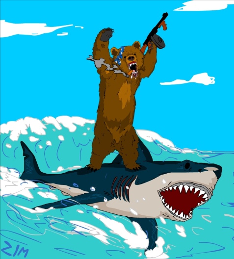 A bear pissing off the bureau of alcohol tobacco and  firearms while surfing on a shark!